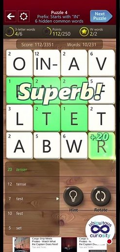 Wordament Puzzle 4 Continue: 3-Letter 6 Words, 250 Points & 2 Words Starting with “In”!