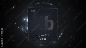 Niobium as Element 41 of the Periodic Table. Seamlessly looping 3D animation on silver illuminated atom design background orbiting electrons name, atomic weight element number in Arabic language