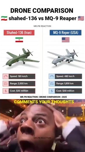 Iran vs USA Drone comparison | 🇮🇷shahed-136 vs MQ-9 Reaper 🇺🇲 | #shorts #shortsfeed