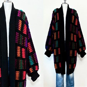 Vintage 80s Oversized Nubby Sweater, 1980s Black Rainbow Patterned Acrylic Open Front Chunky Cardigan Duster - Etsy