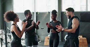 Group, huddle and workout start for motivation, training and workout in studio gym with diversity. Friends, fun and exercise for weight loss, commitment and goals with personal trainer or coach