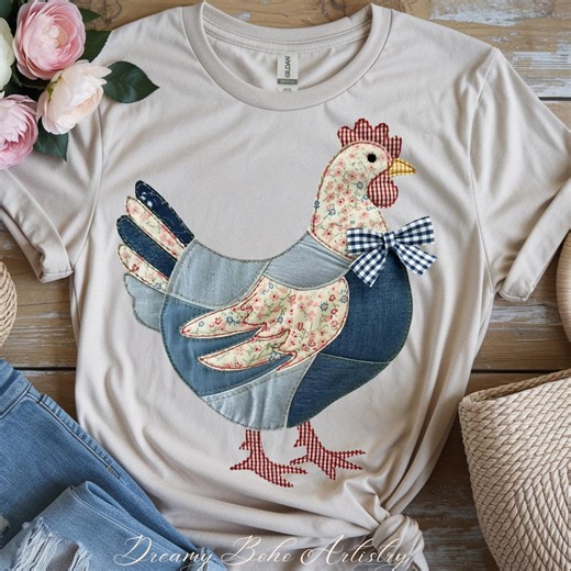 Patchwork Denim Chicken PNG | Farmhouse Hen Clipart | Grandmacore Country Chicken | Cottagecore Fabric - Etsy