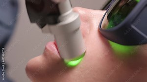 Professional cosmetologist doing laser hair removal over lip of young woman. Detailed close-up.