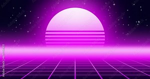 Retro Neon sun with grid cyber space background in seamless looped animation of neon pink color. Glowing sci-fi retro cyberpunk sun with grid line motion.