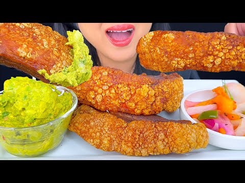 ASMR CHICHARRON DIPPED IN GUACAMOLE & PICKLE PEPPERS (DEEP FRIED PORK BELLY) EATING SOUNDS