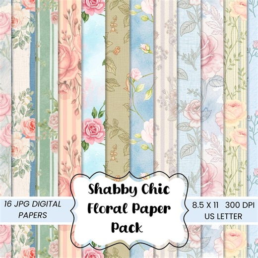 Shabby Chic Digital Paper Pack 16 Pages, Floral Vintage Scrapbook Paper, Junk Journal Kit, Printable Wallpaper, US Letter - Etsy