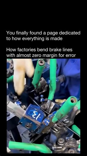 How Everything Is Made on Instagram: "Brake lines might look simple, but bending them is a precision process. In factories, straight metal tubing is fed into CNC tube-bending machines that use programmed angles, pressure control, and internal mandrels to shape each bend without kinking or collapsing the line. Sensors continuously measure force and position, ensuring every curve matches exact specifications—often within fractions of a millimeter. This precision is critical: even a tiny deviation 