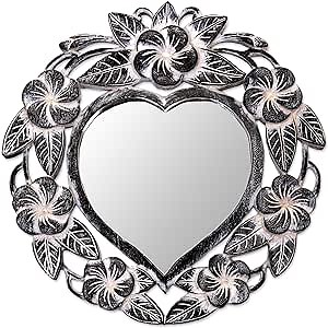 NOVICA Hand Carved Natural Suar Wood Heart Shaped Floral Wall Mirror from Indonesia 'Frangipani Heart'