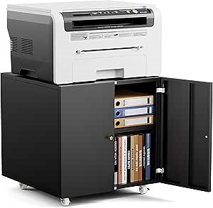 Warmiehomy Metal Printer Stand, 24x24x24'' Printer Cabinet with Storage, Mobile Printer Table with Wheels, Desk for Small Spaces with Door, Adjustable Metal File Cabinet for Home Office (Black)