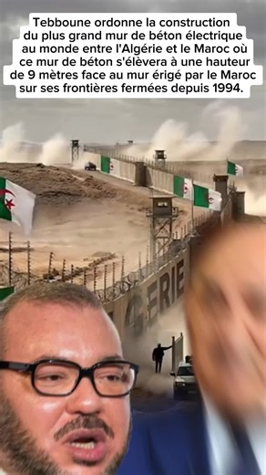 Tebboune ordonne la construction du plus grand mur de béton électrique au monde entre l'Algérie et le Maroc où ce mur de béton s'élèvera à une hauteur de 9 mètres face au mur érigé par le Maroc sur ses frontières fermées depuis 1994 #francaise🇨🇵 #france #algerienne🇩🇿 #algeriene🇩🇿 #marocaine🇲🇦