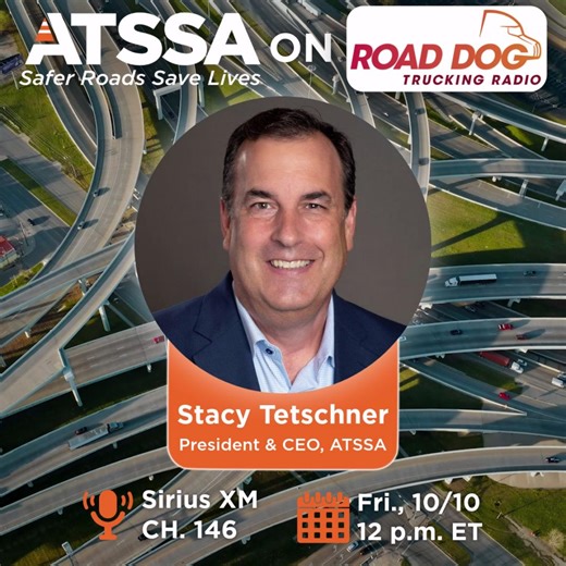 Don't miss #ATSSA President & CEO Stacy Tetschner on SiriusXM Ch. 146, Road Dog Trucking Radio, this afternoon! Topics will include the value and importance of promoting safe work zones, nationwide roadway safety and more. Tune in live at 12 p.m. ET! #SaferRoadsSaveLives #RoadwaySafety #Safety https://www.siriusxm.com/channels/road-dog-trucking | ATSSA-American Traffic Safety Services Association