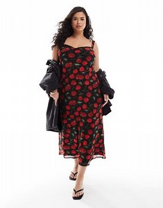 ASOS DESIGN Curve mesh peekaboo bust detail midaxi dress in red and black cherry print | ASOS