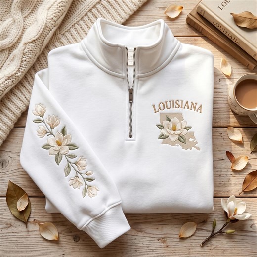 Custom Louisiana Embroidered Quarter Zip Sweatshirt Personalized State Flower Magnolia Pullover Gift Travel Souvenir Gift for Her - Etsy