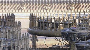Fountain components with nozzles, lights and electrical connections. High pressure equipment and water purification system inside the fountain. start of the fountain season.