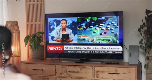 Person, watching tv and screen for news report with back for AI, surveillance or headlines at home. Television, broadcast and program for security, artificial intelligence info or future tech on show