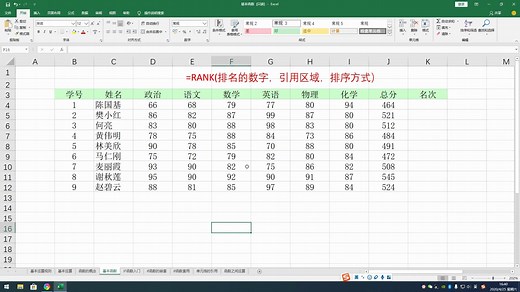 excel表格中排名函数rank的使用
