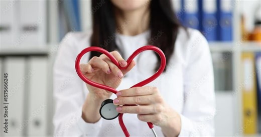 Woman doctor hands make heart of red stethoscope in clinic. Female cardiologist shows support to patients recovering from disease in hospital