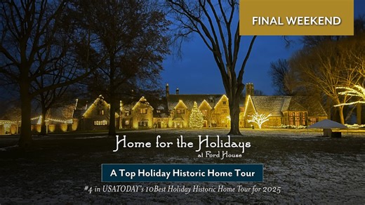 🎄✨ We’re in our final weekend of Home for the Holidays at Ford House, and the lights are glowing tonight, Saturday, and Sunday from 5:30 to 8 p.m. Bundle up and enjoy a festive outdoor holiday light walk across the estate, followed by a self-guided exploration of the first floor of the Main Residence, beautifully decorated for the season. Inside the house, guests can meet Santa, then head outside to the Drying Yard to shop for gifts and enjoy drinks and snacks at the Mistletoe Market. Every pai