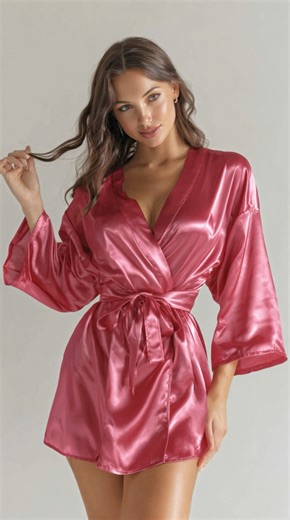 They said 'be cozy' I heard 'be iconic' 🎀 Short pink satin robe, long legs, endless attitude.