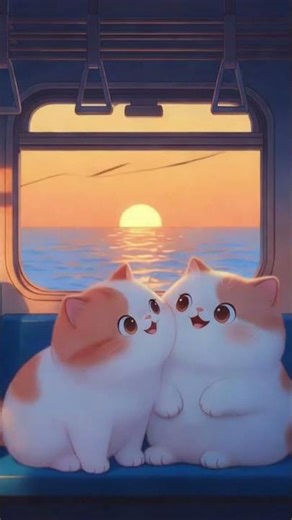 Cozy Sunset Ride 🌅 Two Cute Cats Snuggling on the Train! 治癒系日落旅程🌅 兩隻可愛小貓的溫馨依偎瞬間！ #wholesome #cute