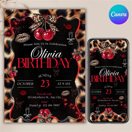 Cheetah Print Birthday Invitation, Leopard Print Birthday Invitation, Black Bow Coquette Party, Instant Download, Printable, Canva Editable - Etsy