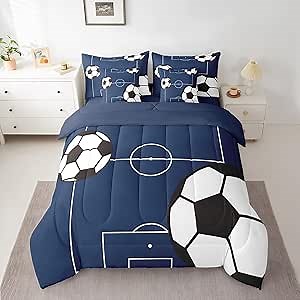 Feelyou Football Bedding Set Queen Size 7 Pieces Kids Soccer Ball Pattern for Boys Girls Teens Sports Theme Football Court Bed in a Bag with Comforter, Sheets, Pillowcases & Cushion Cover