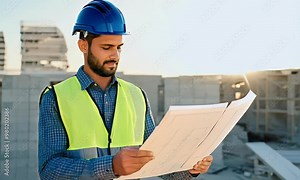 Construction Site Supervision: Engineer Reviews Blueprints in Hard Hat and Safety Vest