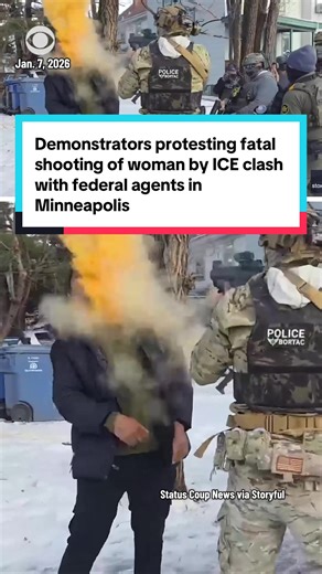 Federal agents, including officers of the Border Patrol Tactical Unit, clashed with demonstrators who were protesting the killing of a U.S. citizen, 37-year-old Renee Good, by an ICE officer in Minneapolis, Minnesota on Wednesday. The officers are seen shoving and deploying chemical irritants in the faces of protesters, who appeared to throw snowballs at the agents and block a federally operated van from moving. The shooting, which the Department of Homeland Security has claimed was self-defense