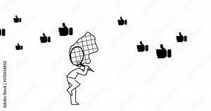 Like icons flying , social media animation of man catching like symbol. 2d, animation, cartoon, illustration, sketch, clip art, vector. Web page sign in black and white. Alpha channel. Time lapse.