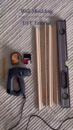 How to install wainscoting wall panelling yourself ⬇️ We saved so much by doing the wall moulding ourselves for our new guest room project . Here is what you need and the steps to do it.👇 Save for later 🫶🏻 Steps: 1.Measure your wall to calculate how many square mouldings you require for each wall. We based this on the size we wanted our square mouldings to be which was 59cm x 59 cm. The gap at the end of each wall is equivalent and the space between each moulding is 10 cm. 2.Use a drop saw to