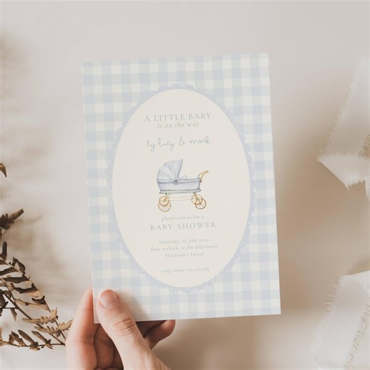 Baby Carriage Boy Baby Shower Invitation: Blue Stroller, Gingham (editable Template) - Etsy