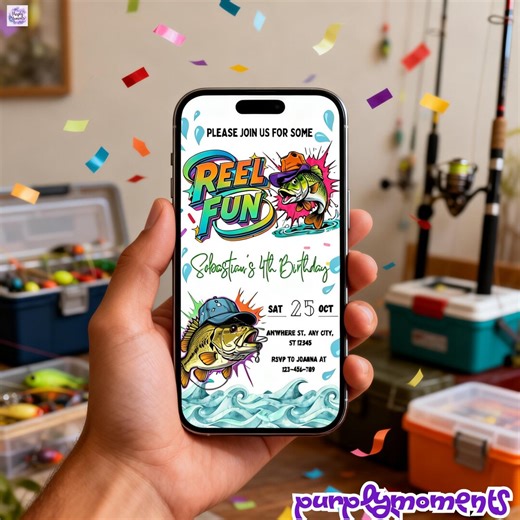 Reel Fun Fishing Birthday Invitation Digital Download Canva Template, Outdoor Fishing Party Evite, Mobile Phone Invite - Etsy