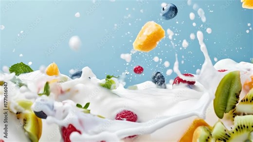 Assorted tropical fruits explode into a dynamic creamy splash, vibrant color and crisp detail delivering irresistible taste cues for packaging, supermarket ads and social recipe content.