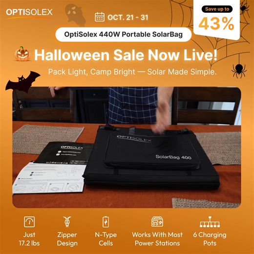 🎃 Halloween Sale Now Live! Save 43% on solarbag, now only $399.99! 🏆 50% Smaller – folds like a briefcase, slides under your seat. 🌟 50% Lighter – only 17.2 lbs, easy as carrying your cat. ✨ Just unfold. Plug in. Power up. Adventure never waits. 💰 Save $300 today and make every trip fully powered. | OptiSolex
