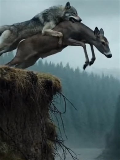 Wolf vs Deer Cliff Fall… Who Survives the River? In a raw and intense wilderness moment, a massive grey wolf clings to a panicked deer as both plunge off a high muddy cliff into a raging river below. The dramatic fall ends in a huge splash as they disappear into the murky water. The deer fights desperately, kicking through the powerful current, struggling to survive. With pure instinct and strength, it manages to break free and swim toward the far bank. In a final burst of energy, the deer leaps