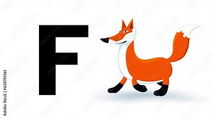 F letter big black like fox cartoon animation. Animal walking loop. Educational serie with bold style character for children. Good for education movies, presentation, learning alphabet, etc...
