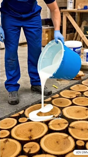 Rustic Revival: Log End Slices Epoxy Flooring 🔥 #diy #epoxy #construction #flooring #woodworking