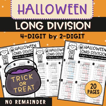 Halloween Long Division Worksheets | 4-Digit by 2-Digit No Remainder Practice