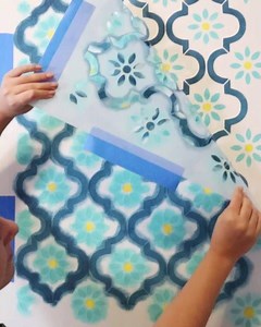 A Moroccan tile design to WOW your neighbors! The Myriam Allover Tile Stencil is perfect for floors & walls - both indoor and outdoor! Love these colors! Who needs this in their home!? | Cutting Edge Stencils