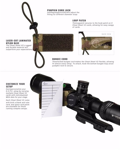The Cole-TAC Cheat Sheet V2 keeps your critical data right where you need it. Mounted directly to your scope, it lets you view your DOPE at a glance—no need to break position. Simple, effective, and compatible with all optics, it can be positioned on either side of the scope for a perfect fit. -- Check out the Cheat Sheet V2 at cole-tac.com/shop -- American Made 🇺🇸 Lifetime Warranty🤝 | Cole-TAC
