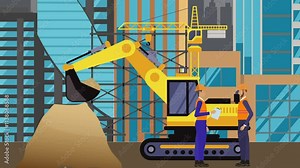 Construction site area, working on the edge of town with engineers and building machines animation