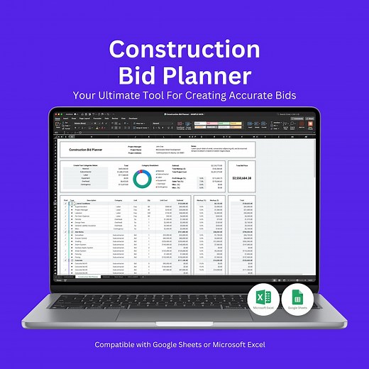 Construction Bid and Estimate Template for Contractors | Excel and Google Sheets Spreadsheet - Etsy