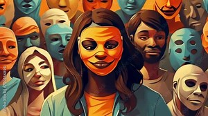 illustration of a person surrounded by many in masks, representing difficulty and challenges of people with multiple personality disorder (MPD), also known as dissociative identity disorder (DID) Stock Video