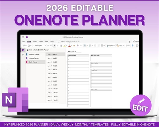 Onenote Planner, EDITABLE 2026 Digital Planner, Onenote Template, Daily, Weekly, Monthly Planning for Windows, Adhd, Notebook, One Note - Etsy UK