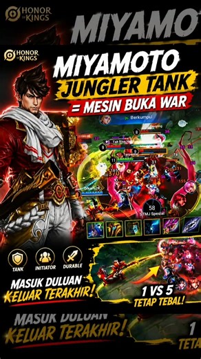 Miyamoto Jungler Tank = Mesin Buka War | Honor of Kings| lihat versi fuulnya di Vidio terkait #hok