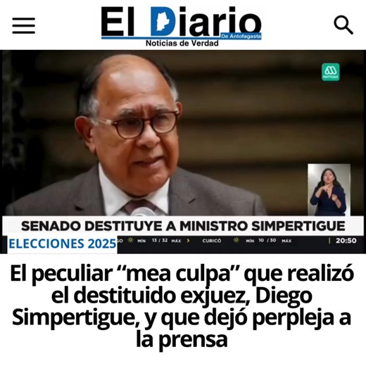 🔵 #Nacional I El peculiar “mea culpa” que realizó el destituido exjuez, Diego Simpertigue, y que dejó perpleja a la prensa. El profesional está investigado por diversos delitos, entre los que se encuentran notable abandona de deberes, falta a la imparcialidad y de no abstenerse en casos relacionados con los abogados Eduardo Lagos y Mario Vargas, ambos en prisión preventiva por diversas aristas en la trama "Muñeca Bielorrusa". | El Diario de Antofagasta