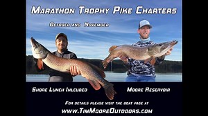 24 reactions · 8 comments | Each year, in October and November, we offer marathon trophy northern pike charters on Moore Reservoir. These nine-hour trips include shore lunch and all fishing gear. Visit the boat page at TimMooreOutdoors.com for complete details and pricing. | Tim Moore Outdoors | Facebook