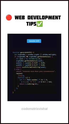 Generate uuid using JavaScript function web development tips #codematrixvishal #trending #javascript #uuid #function | Codematrixvishal