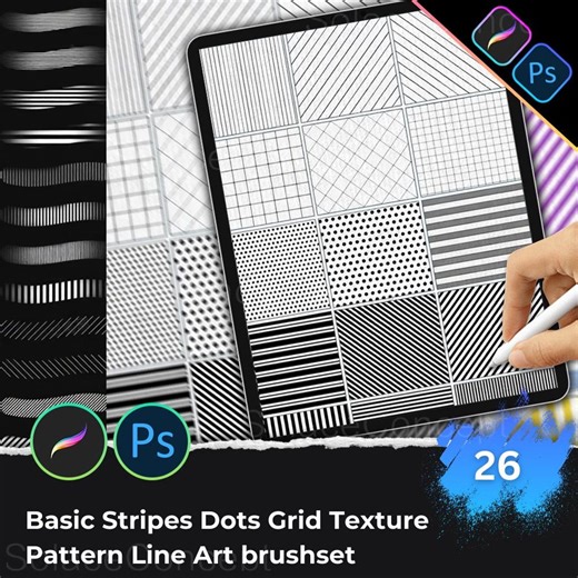 26 Basic Pattern Procreate Photoshop Brushes, Stripes Grid Dots Lines Texture Brush Set, Commercial Use Seamless Background Elements - Etsy