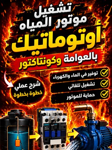 تشغيل موتور المياه أوتوماتيك باستخدام عوامة وكونتاكتور | شرح عملي خطوة بخطوة 💧⚡ عايز تشغل موتور المياه بشكل أوتوماتيك من غير ما تتابع الخزان كل شوية؟ 🤔 في الفيديو ده هشرح لك بالتفصيل نظام تشغيل مضخة المياه باستخدام عوامة وكونتاكتور بطريقة سهلة وعملية. هتتعلم في الفيديو: ✔️ فكرة عمل العوامة الكهربائية ✔️ وظيفة الكونتاكتور في تشغيل الموتور ✔️ توصيل الدائرة خطوة بخطوة ✔️ ازاي النظام يفصل ويشتغل تلقائي ✔️ أهم الأخطاء اللي لازم تتجنبها الفيديو مناسب للمبتدئين والفنيين وكمان لأي حد شغال في الكهرباء 